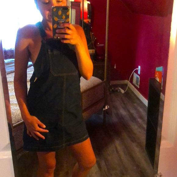 Jean dark denim overall mini dress - Picture 1 of 5